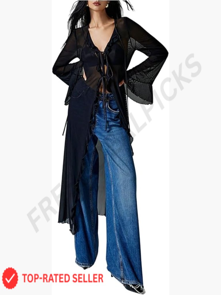 Women's Bell Sleeve Top Ruffle Mesh Tie Front Blouse Y2k Goth Tunic Long Sleeve